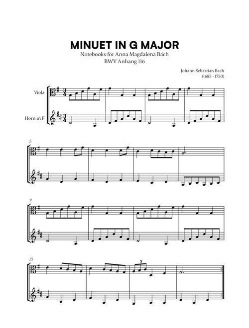 Johann Sebastian Bach - Minuet in G Major (BWV Anh. 116) (for Viola and French Horn) (Arr. Cadenza Editions) (Instrumental Duet)