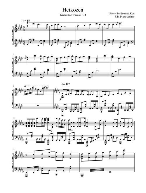 Heikozen | Kuzu no Honkai ED | F.B. Piano Anime | Full Sheets