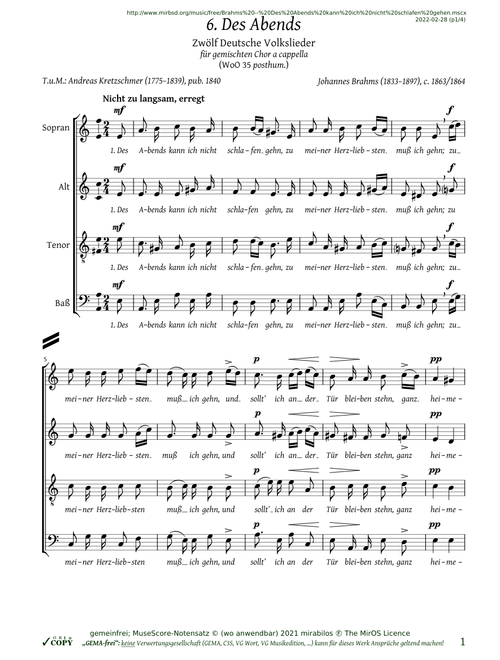 Brahms — Des Abends kann ich nicht schlafen gehen