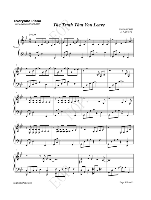 The truth that you leave,C Major,Easy Piano Solo Sheet,With Fingering (Arr. poon) - Pianoboy (Easy Piano)