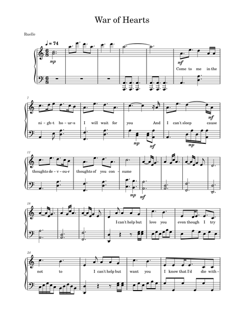 War of hearts – Ruelle (piano solo + lyrics)