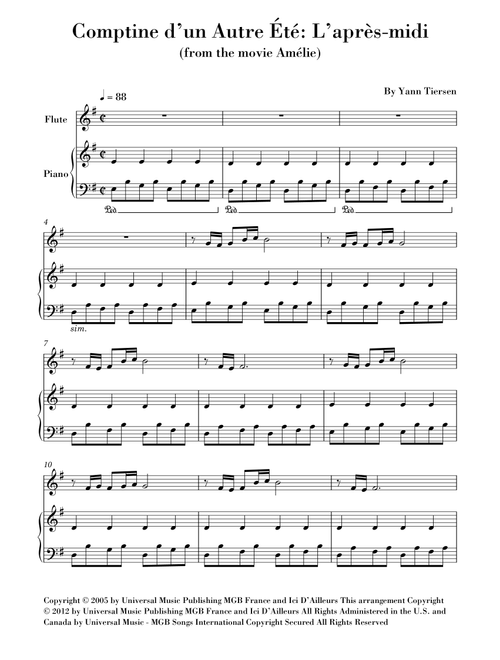 Comptine D'un Autre Été: L'après-midi (Arr. Ahiva Editions) - Yann Tiersen (Flute and Piano)