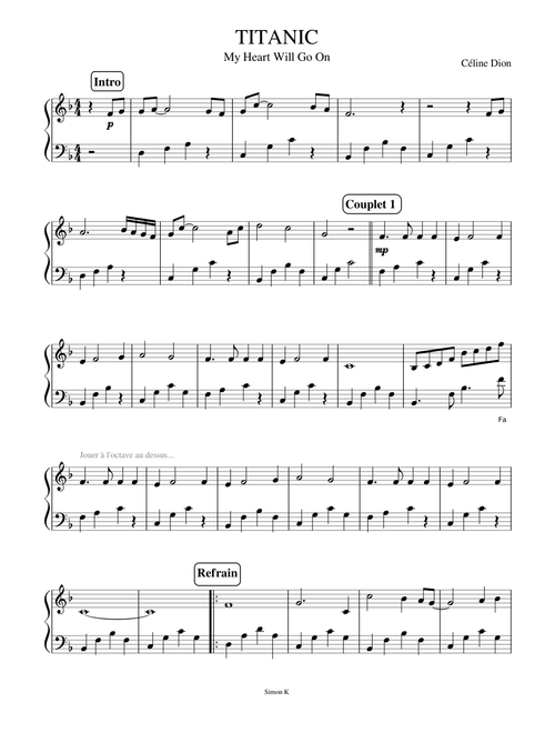 Easy Partition Piano Titanic - My Heart Will Go on  sheet music arranged by sim10