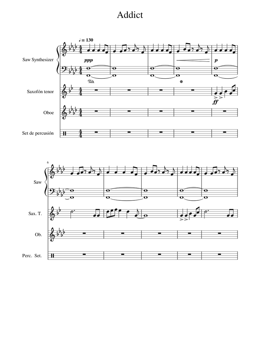 Addict Sheet Music For Oboe, Saxophone Tenor, Drum Group, Synthesizer ...