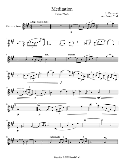 Meditation for alto saxophone and piano (easy) (Arr. Daniel C. M) - Jules Massenet (Alto Sax and Piano)
