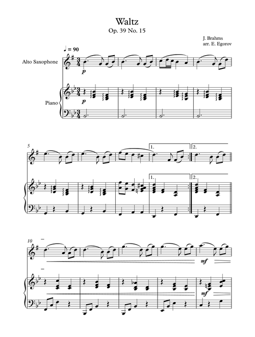 Waltz (Op. 39 No. 15), Johannes Brahms, For Alto Saxophone & Piano (Arr. Eugene Egorov) (Alto Sax and Piano)