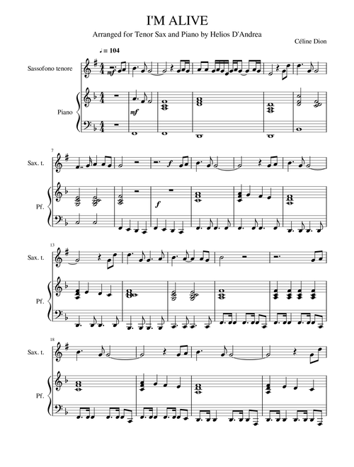 I'm Alive (Arr. Helios D'Andrea) - Celine Dion (Tenor Sax and Piano)
