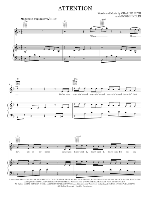 Attention - Charlie Puth (Piano-Vocal-Guitar)