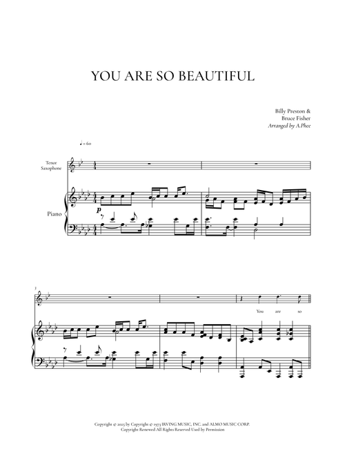 You Are So Beautiful (Arr. Phee) - Joe Cocker (Tenor Sax and Piano)