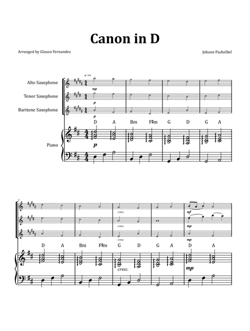 Canon by Pachelbel - Saxophone Trio with Piano and Chord Notation (Arr. Glauco Fernandes) - Johann Pachelbel (Woodwind Ensemble)