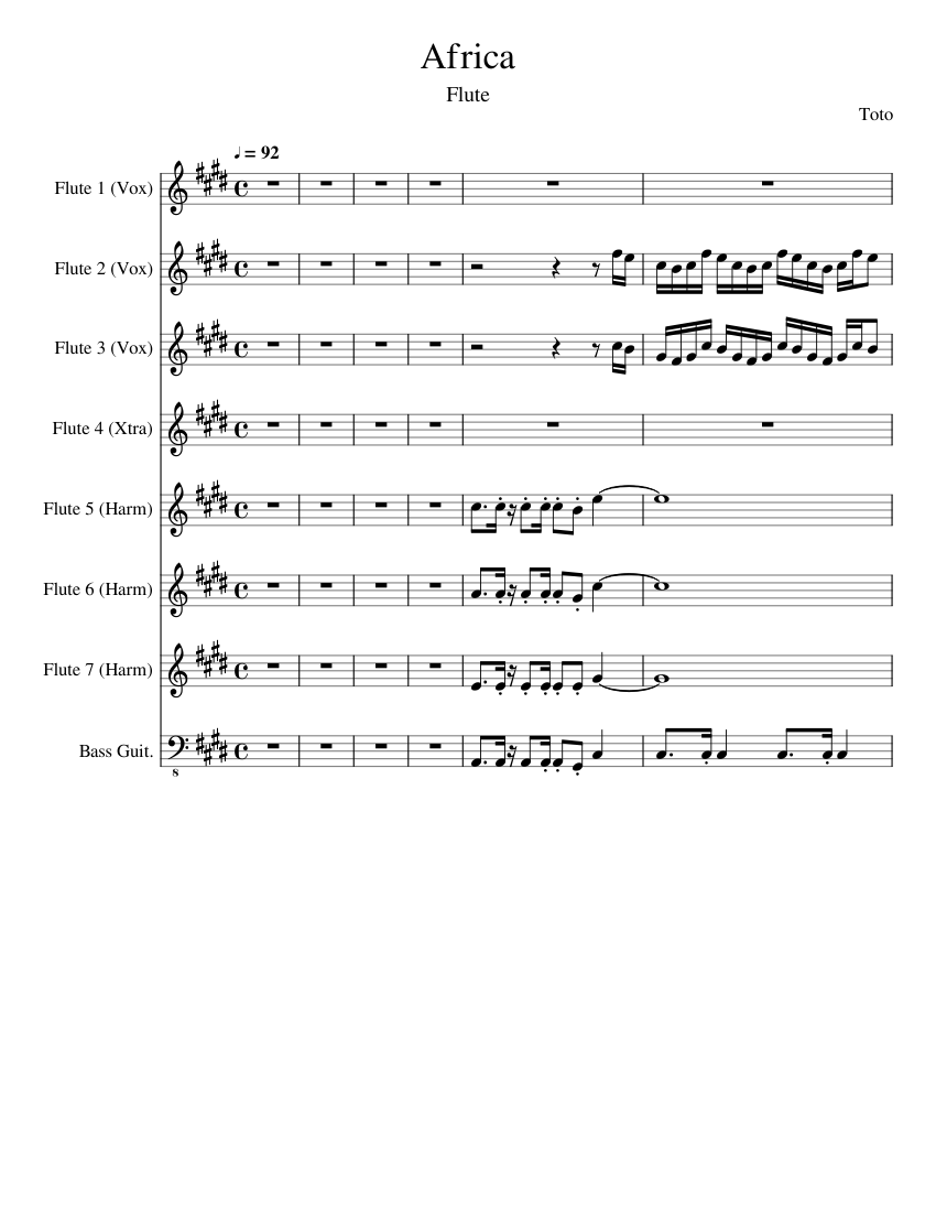 Africa Toto Sheet music for Flute, Bass guitar (Solo)