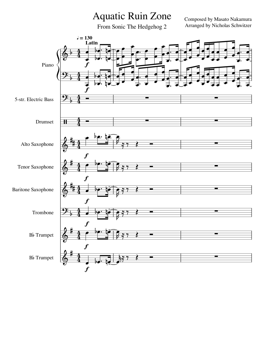Aquatic Ruin Zone Sheet Music for Piano, Trombone, Saxophone alto