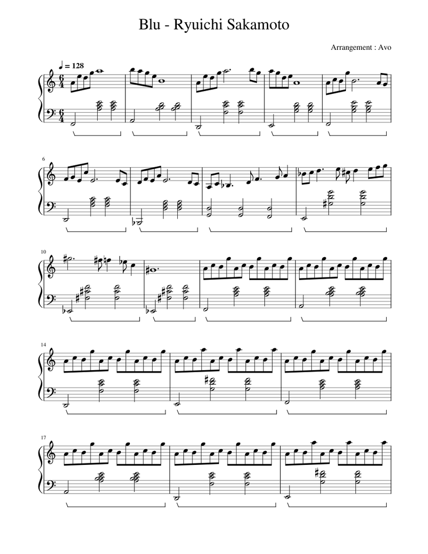 Blu - Ryuichi Sakamoto Sheet Music for Piano (Solo