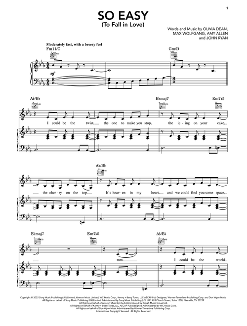 So Easy (To Fall In Love) - Olivia Dean (Piano-Vocal-Guitar)