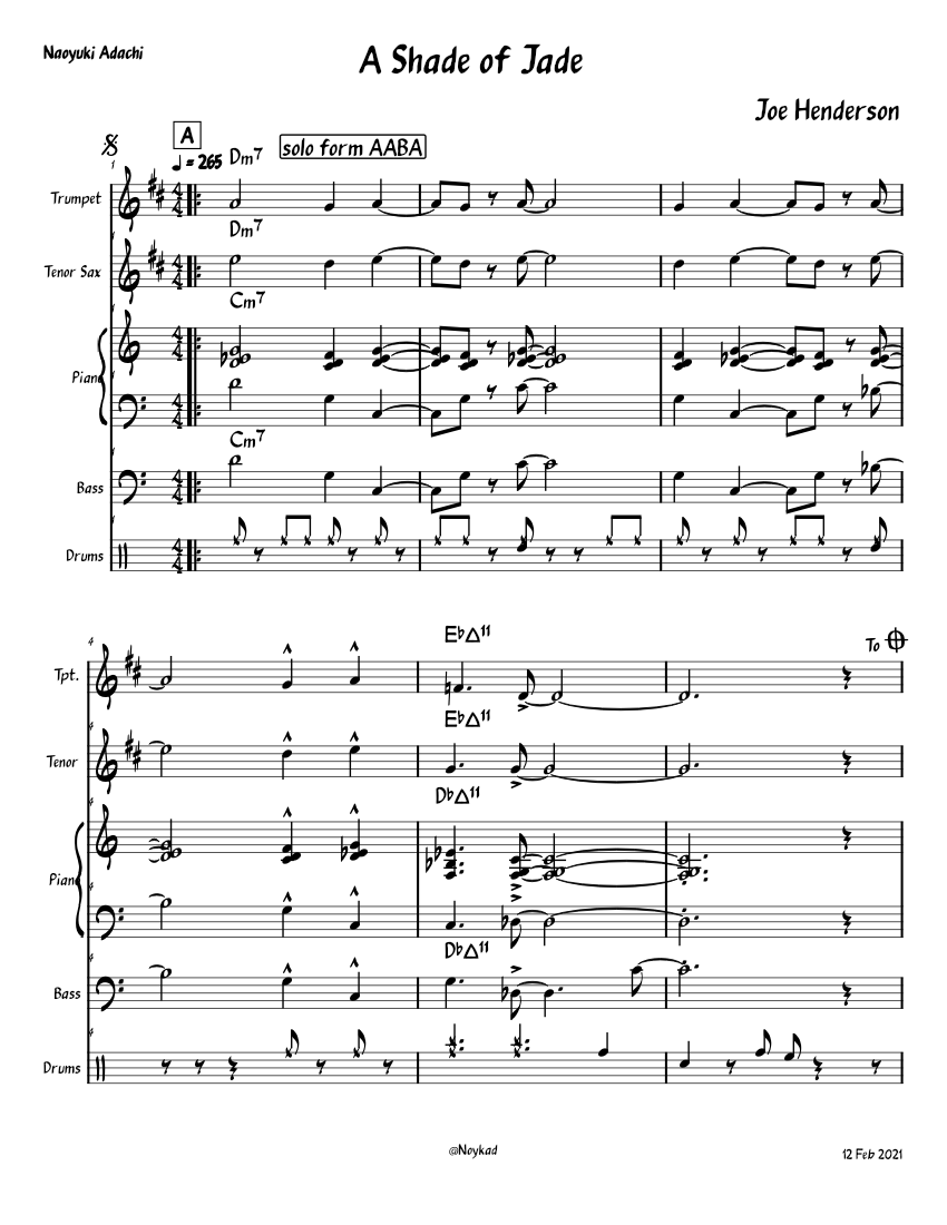 A Shade of Jade Joe Henderson Sheet music for Piano, Saxophone tenor