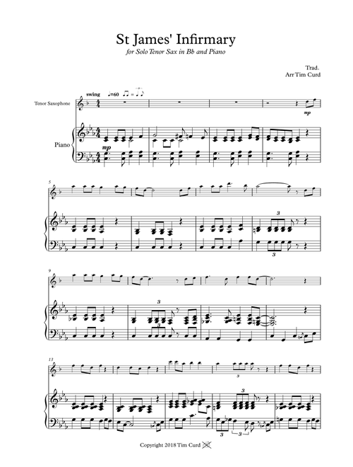 St James' Infirmary. for Tenor Saxophone and Piano (Arr. Curd.) - trad. (Tenor Sax and Piano)