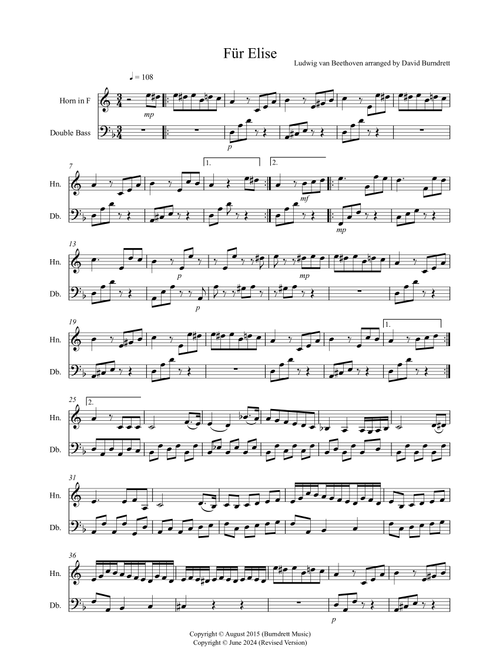 Fur Elise for Horn and Double Bass Duet (Arr. David Burndrett) - Ludwig van Beethoven (Instrumental Duet)