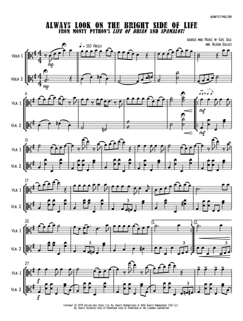 Always Look On The Bright Side Of Life (Arr. Alison Gillies) - Monty Python (Viola Duet)