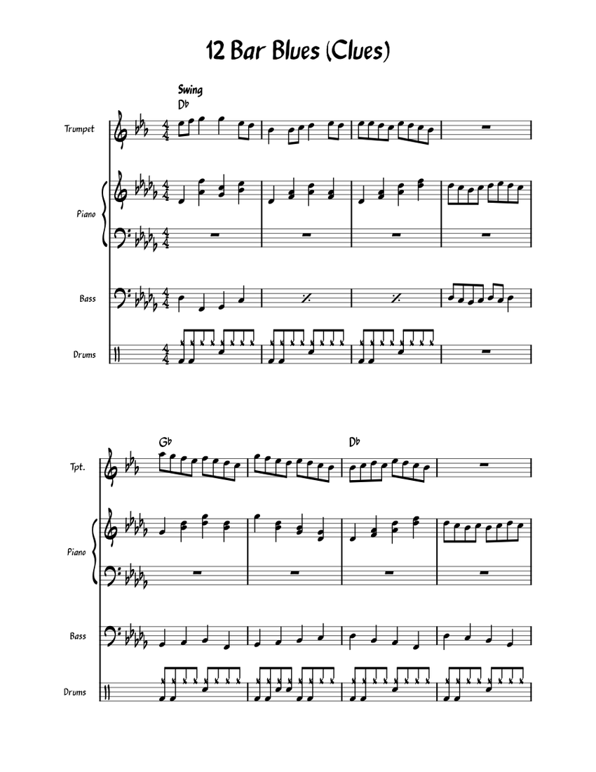 12_Bar_Blues_(Clues) Sheet Music for Piano, Trumpet in b-flat, Bass ...