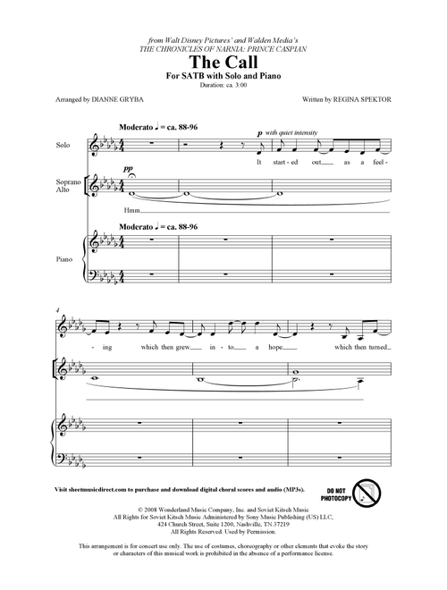 The Call (from The Chronicles Of Narnia: Prince Caspian) (arr. Dianne Gryba) - Regina Spektor (Choral, SATB)