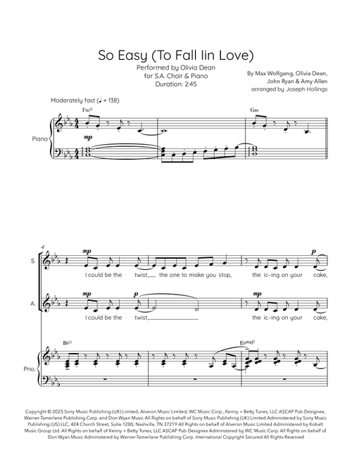 So Easy (To Fall In Love) (Arr. Joseph Hollings) - Olivia Dean (Choral, SA)