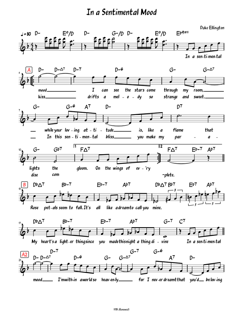 In a Sentimental Mood (lead sheet with lyrics ) Sheet Music with Chords