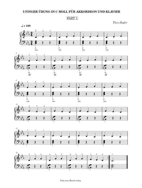 5 Finger Übung In C Moll Für Akkordeon und Klavier-Theo Degler