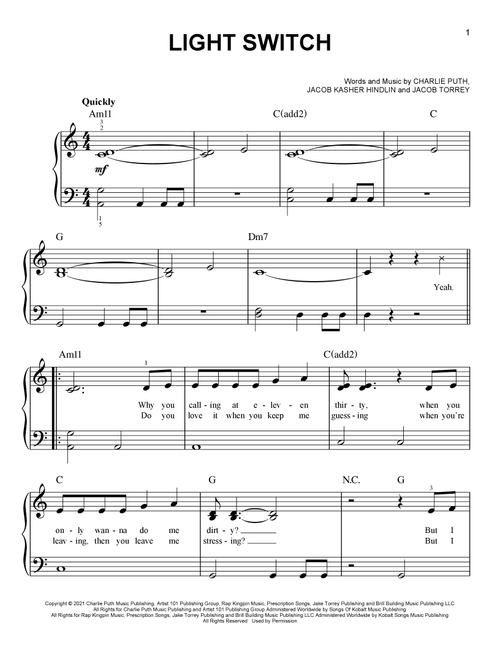 Light Switch - Charlie Puth (Easy Piano)
