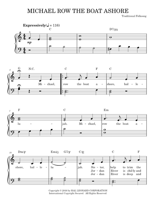 Michael Row The Boat Ashore - Traditional English Folksong (Easy Piano)