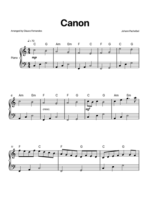 Canon by Pachelbel - Easy/Intermediate Piano Solo in C with Chord Notation (Arr. Glauco Fernandes) - Johann Pachelbel (Easy Piano)
