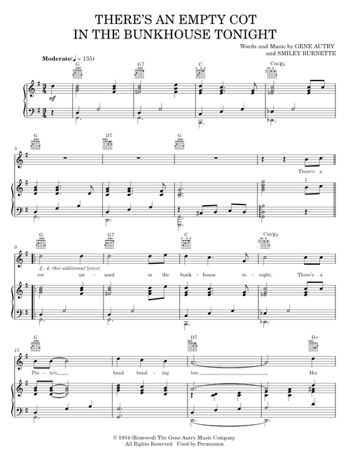 There's An Empty Cot In The Bunkhouse Tonight - Bing Crosby, Gene Autry (Piano-Vocal-Guitar)