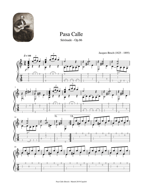 Pasa Calle, Op.86 - Jacques Bosch (1825 - 1895) - Tablature