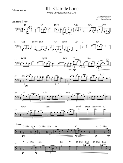 Clair de Lune (C. Debussy) for Cello Solo with Chords (C Major) (Arr. Fabio Britto) - Claude Debussy (Cello Solo)