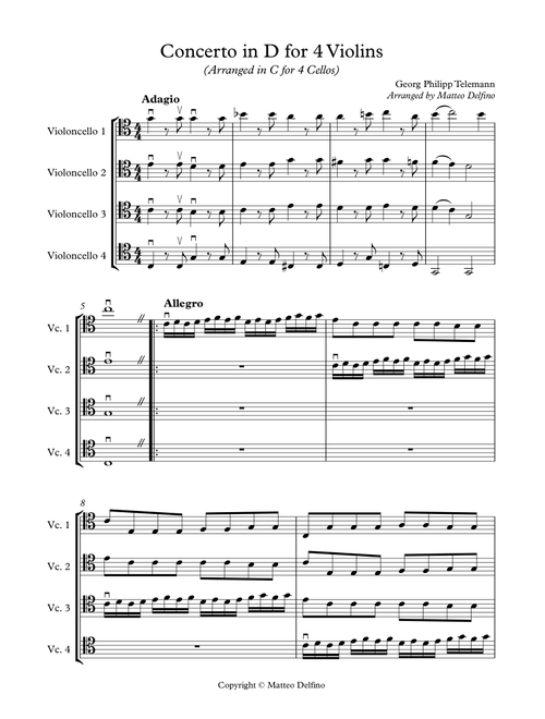 Concerto in D for 4 Violins (Arranged in C for Cello Quartet) (Arr. Matteo Defino) - Georg Philipp Telemann (Chamber Orchestra)