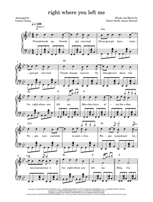 Right Where You Left Me (Arr. Celena Chang) - Taylor Swift (Piano Solo)