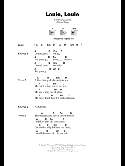 Louie, Louie - The Kingsmen (Guitar Chords-Lyrics)