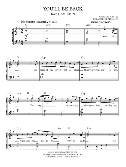 You'll Be Back (from Hamilton) - Lin-Manuel Miranda (Easy Piano)