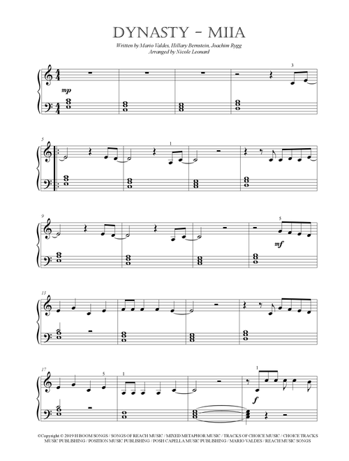 Dynasty (Arr. Nicole Leonard) - Miia (Easy Piano)