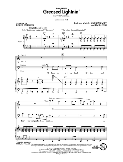 Greased Lightnin' (Arr. Roger Emerson) (Choral, TTBB)