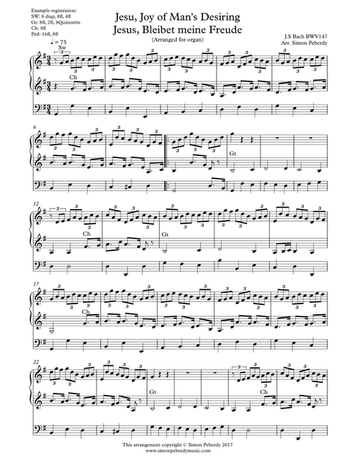 Jesu, Joy of Man's Desiring (Jesus, bleibet meine Freude) for organ solo (J S Bach) arr. Simon Peber (Arr. Simon Peberdy) (Organ)