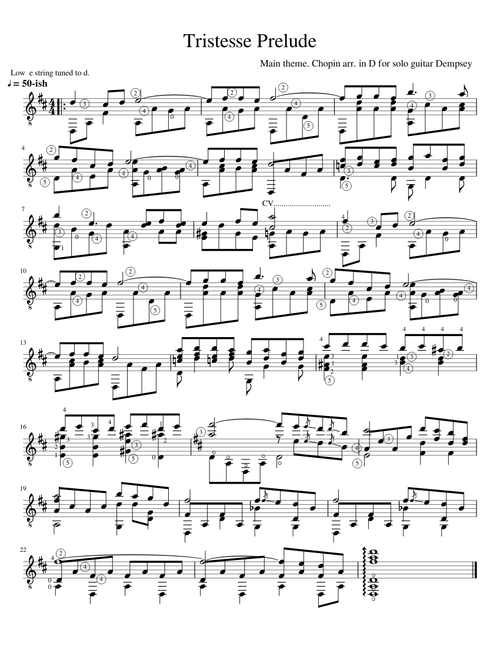Tristesse Etude: Main theme – Chopin, arr. solo guitar in D by G.Dempsey
