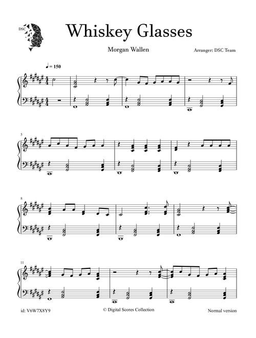 Whiskey Glasses (Arr. Digital Scores Collection) - Morgan Wallen (Piano Solo)
