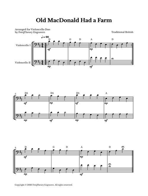 Old MacDonald Had a Farm - For Cello Duet (Arr. FreqTheory Engravers) - Traditional British (Cello Duet)