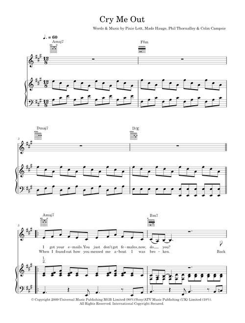 Cry me out - Pixie Lott (Piano-Vocal-Guitar (Piano Accompaniment))