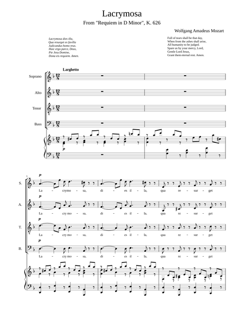 Mozart Lacrymosa from "Requiem" (SATB with piano)