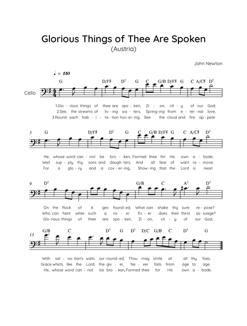 Glorious Things of Thee Are Spoken (Austria) - Cello in G Easy with Chords and Lyrics (Arr. MissoRB) - John Newton (Cello Solo)