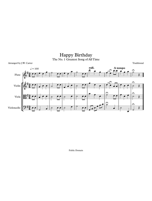Happy Birthday for Flute & String Trio (Arr. J.W. Carter) - Traditional (Small Ensemble)