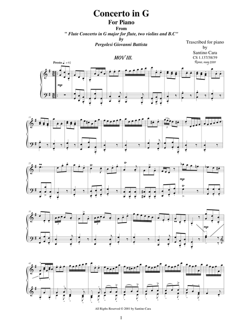 Pergolesi GB - Flute concerto in G - Piano version - 3 Presto (Arr. Santino Cara) - Pergolesi Giovanni Battista (Piano Solo)