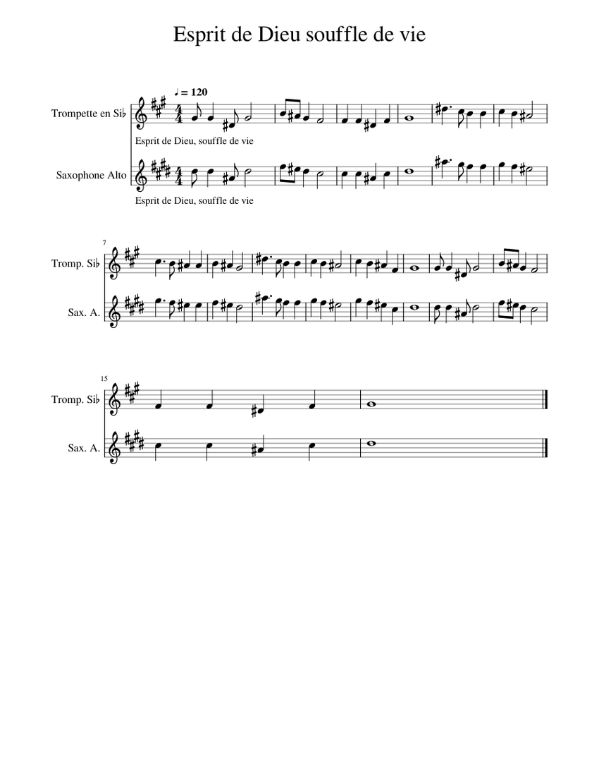 Esprit de Dieu Souffle de vie Sheet music for Saxophone alto, Trumpet ...