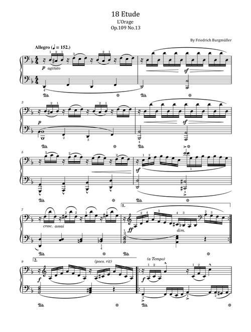 Burgmuller - 18 Etude - L'Orage Op.109 No.13 - Original With Fingered - For Piano Solo (Arr. poon) - Friedrich Burgmüller (Piano Solo)